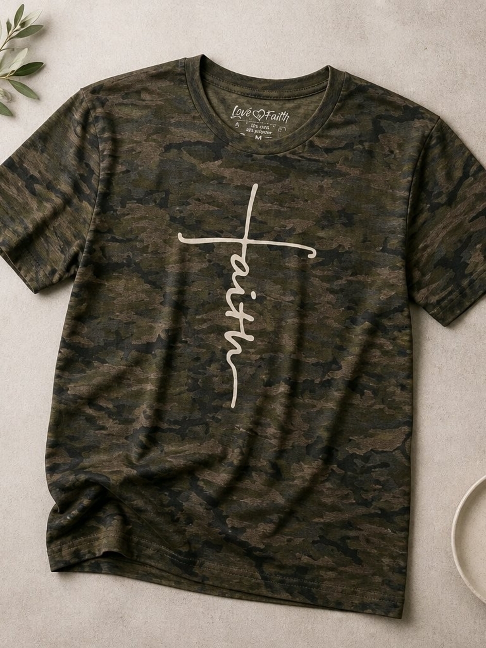 Love & Faith Olive Camo Short Sleeve Tee with 'Faith' Cross Graphic